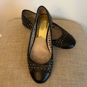 Michael Kors black leather gold studded flats
